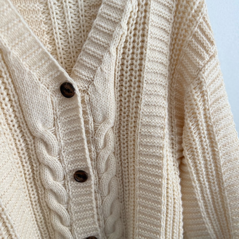 Chunky Cable Knit Cardigan Cream Oversized Fisherman Grandpa Sweater - Picture 8 of 15